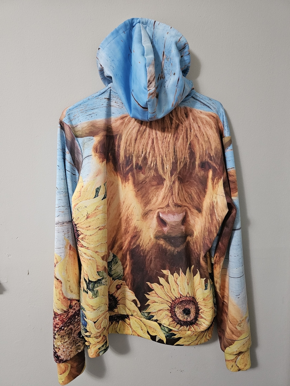 All Over Print Highland Cow & Sunflower Graphic Pullover Hoodie Size Large